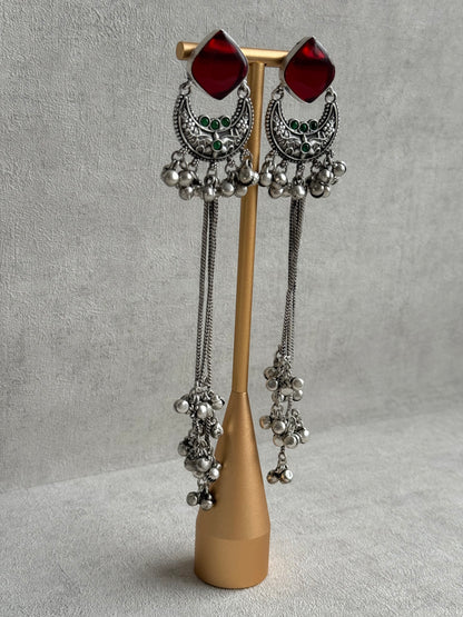 Ayura Designs Zarfa Earrings – Oxidised Earrings with Ruby Red Stones, Hanging Ghungroo Chains & Crescent Detailing