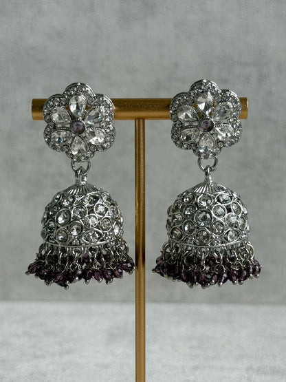 Ayura Designs Zarghuna Set with Jhumkis & Tikka – Mauve Beads, Mirror-Cut Stones & Silver Finish