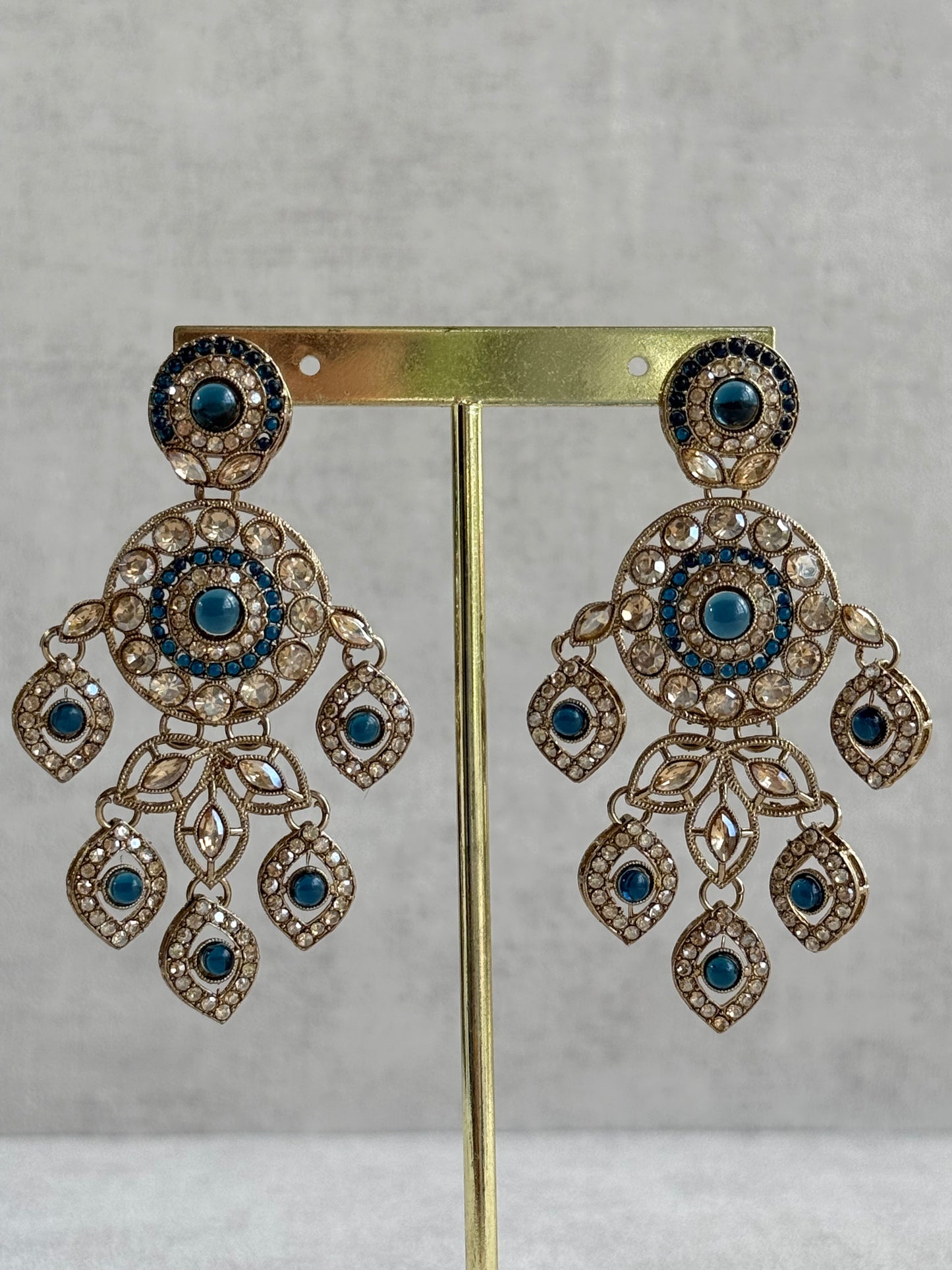 Ayura Designs Vanika Earrings – Sapphire Blue & Champagne Crystal Gold Finish