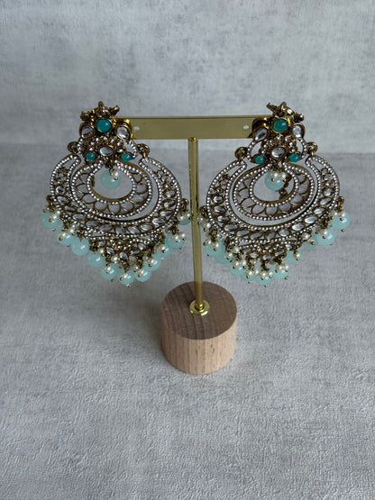 Ayura Designs Rabia Chandbalis – Antique Gold Kundan Earrings with Aqua Beads, Pearls & Attached Sahare