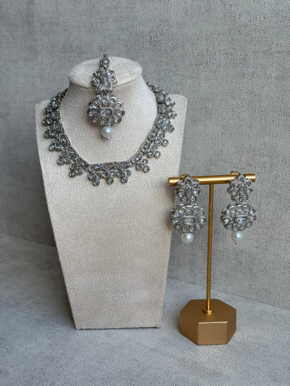 Ayura Designs Sumbul Set with Necklace, Earrings & Tikka – Mirror-Cut Stones, Pearl Drops & Silver Finish