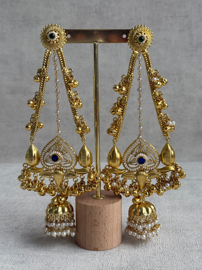 Ayura Designs Teja Earrings – Antique Gold Jhumkis with Blue Stone & Pearl Detailing