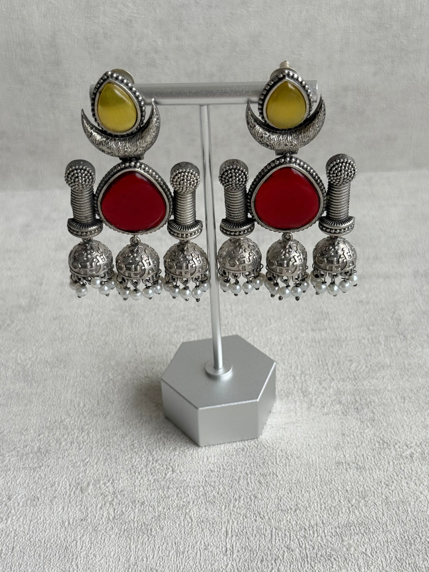 Ayura Designs Qissa Earrings – Oxidised Triple Jhumki Earrings with Ruby Red Stones & Pearl Detailing