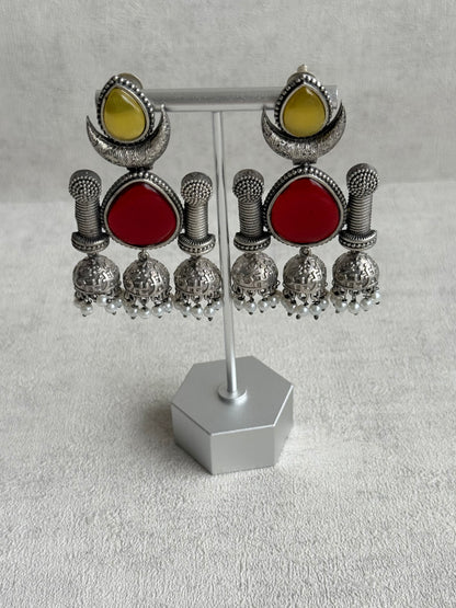 Ayura Designs Qissa Earrings – Oxidised Triple Jhumki Earrings with Ruby Red Stones & Pearl Detailing