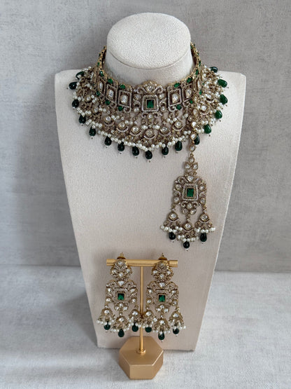 Ayura Designs Aisha Choker Set with Earrings & Tikka – Emerald Green Stones, Polki & Pearl Detailing