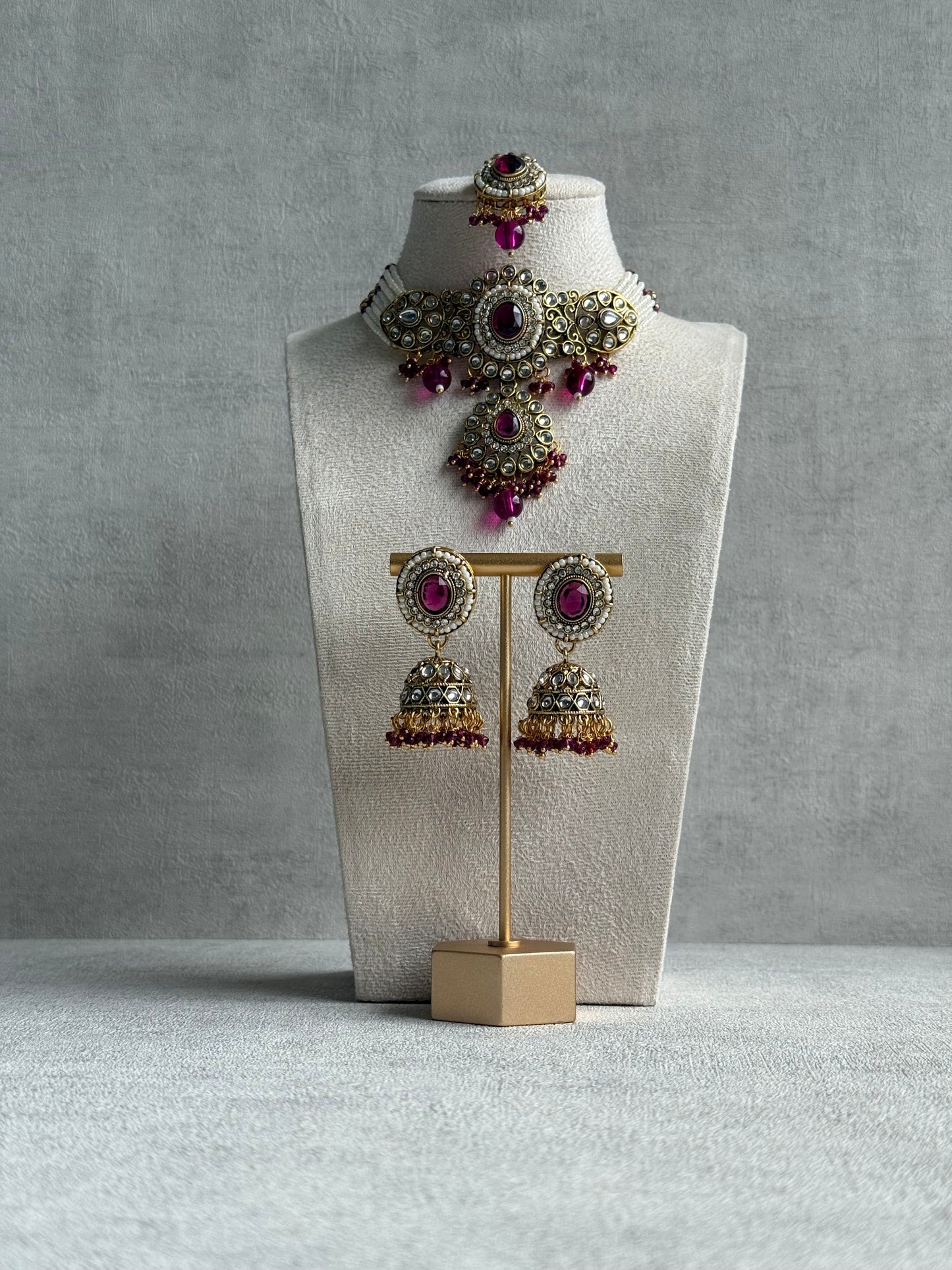 Ayura Designs Muskaan Set – Choker, Jhumkis & Tikka with Magenta Beads, Kundan Stones & Antique Gold Finish