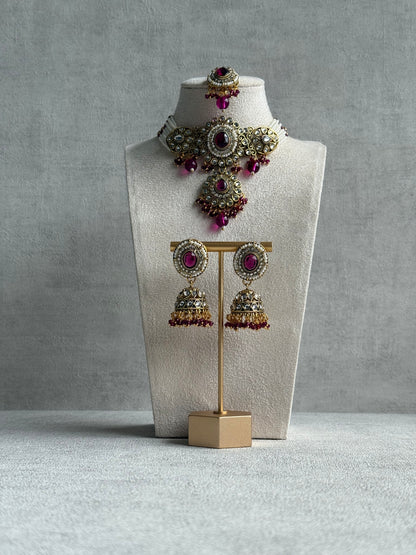 Ayura Designs Muskaan Set – Choker, Jhumkis & Tikka with Magenta Beads, Kundan Stones & Antique Gold Finish