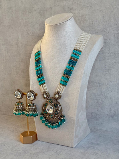 Ayura Designs Brielle Set – Necklace & Jhumkis with Mirror-Cut Stones, Aqua & Deep Teal Beads