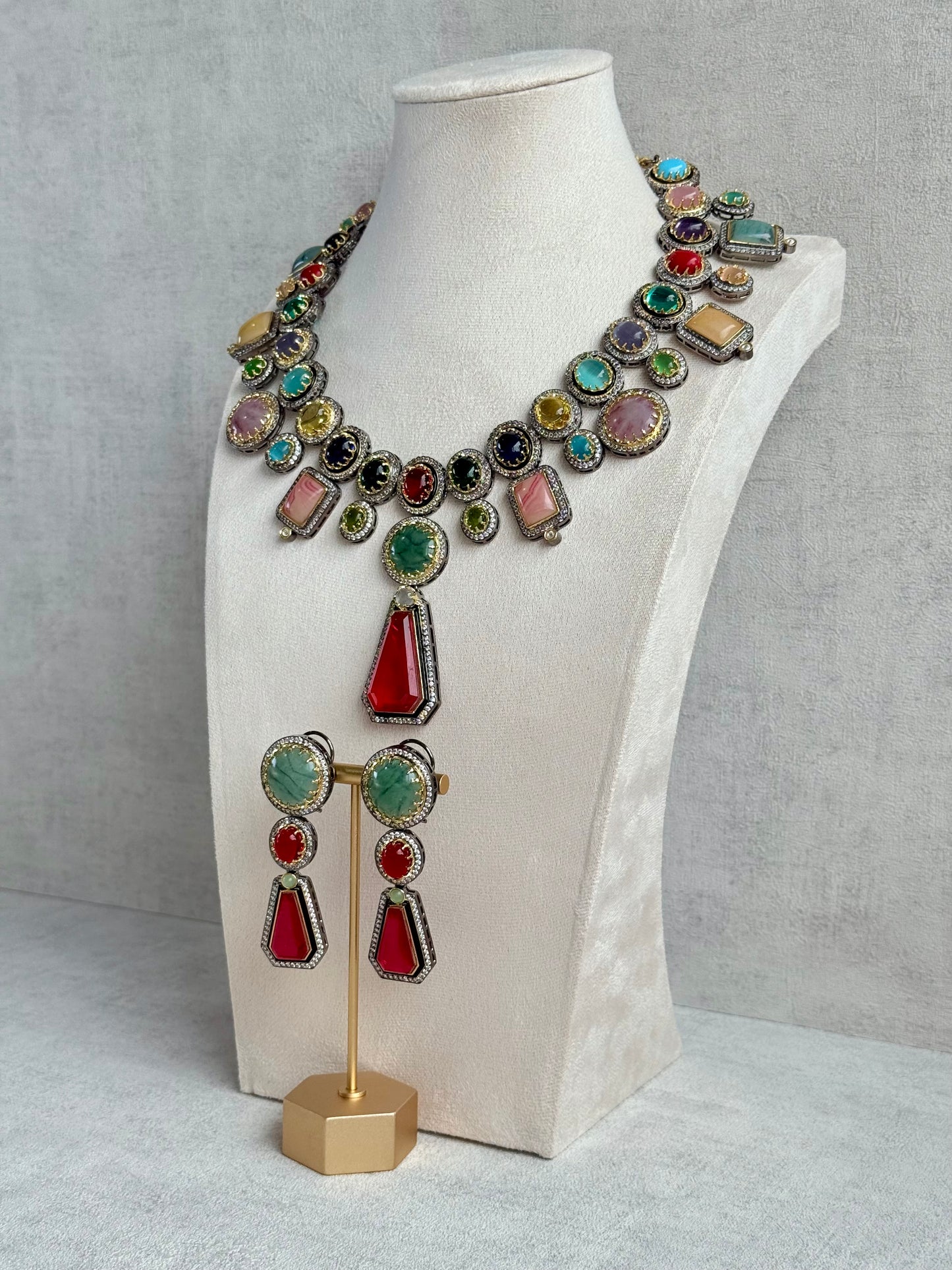 Ayura Designs Ophelia Set with Necklace & Earrings – Navratan Stone Detailing with Antique Silver Finish