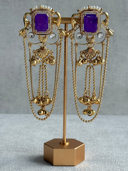 Ayura Designs Jaid Earrings – Royal Purple Floral Motif with Layered Chains & Ghungroos