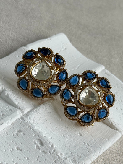 Ayura Designs Giana Stud Earrings – Sapphire Blue & Crystal Kundan with Gold Finish