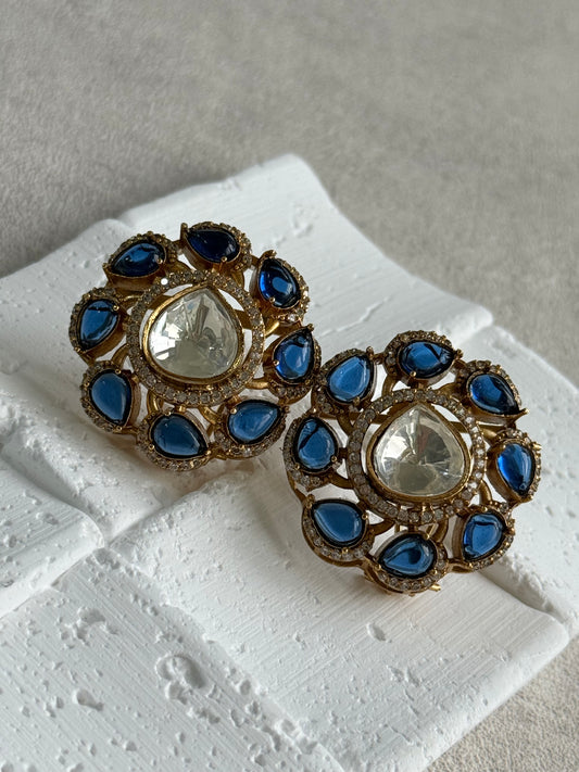 Ayura Designs Giana Stud Earrings – Sapphire Blue & Crystal Kundan with Gold Finish