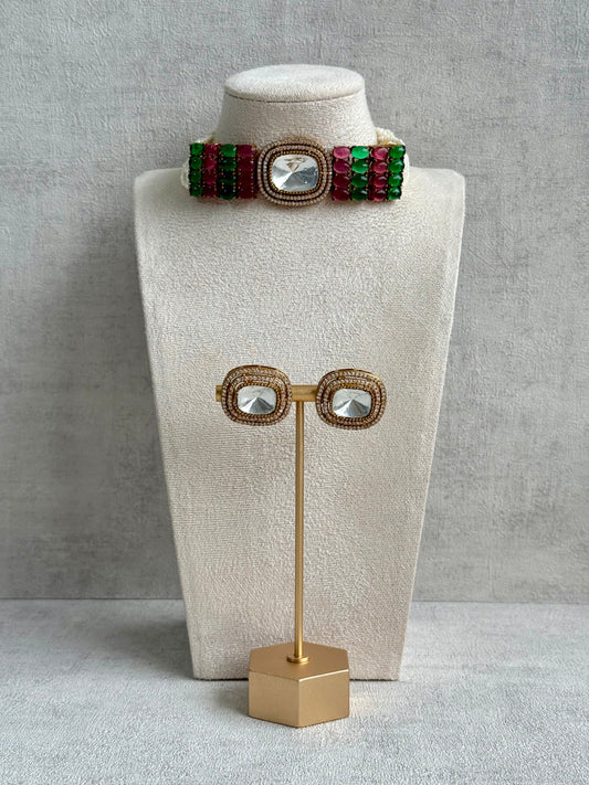 Ayura Designs Emma Choker Set – Fuchsia Pink & Emerald Green Gemstone Choker & Studs with Mirror-Cut Centrepiece, Pearl Strands & Crystal Borders