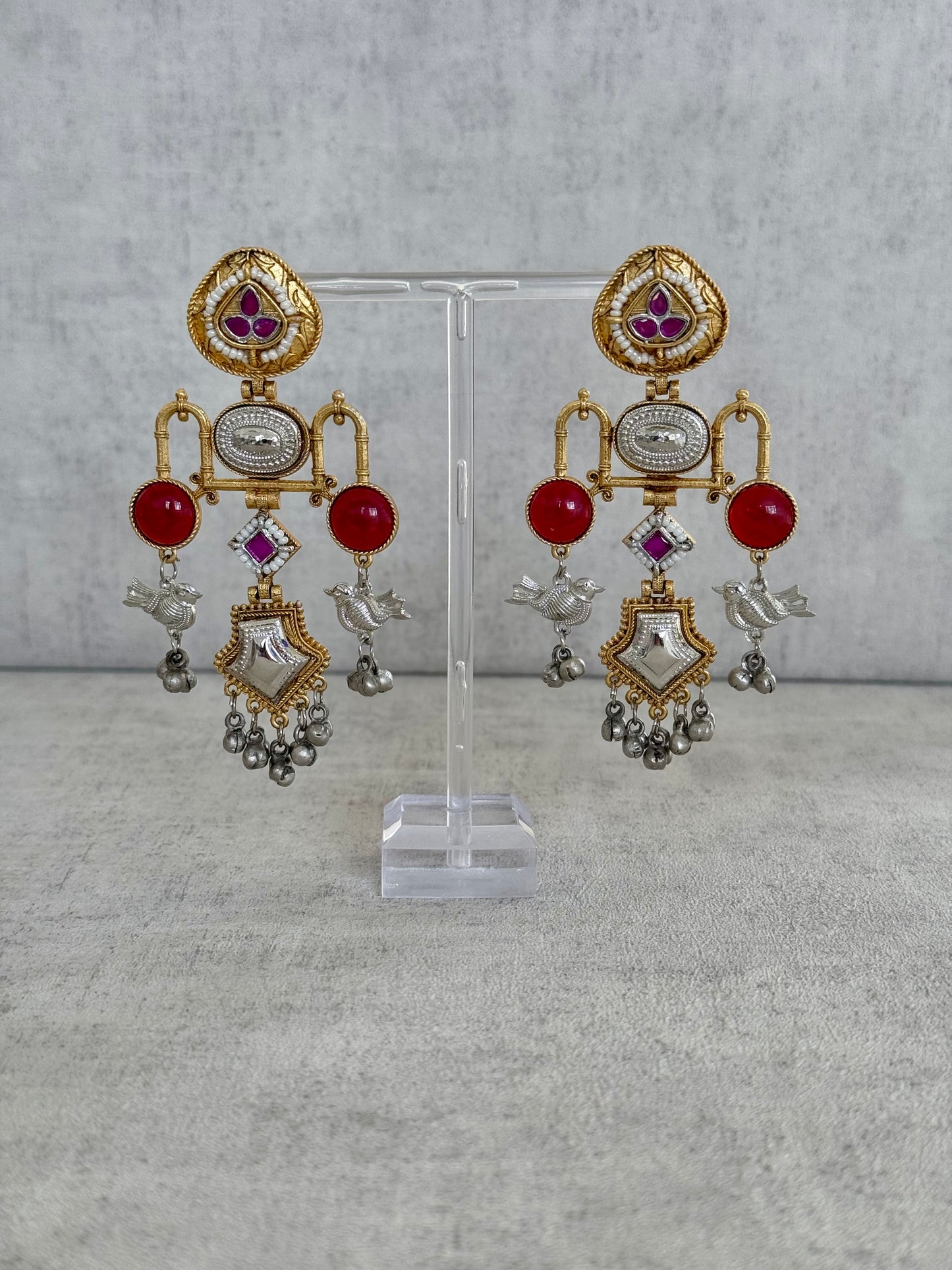 Ayura Designs Amzie Earrings - Exquisitely Handcrafted in Brass with Silver Accents, Ruby Embellishments, and Delicate Bird Motif Charms