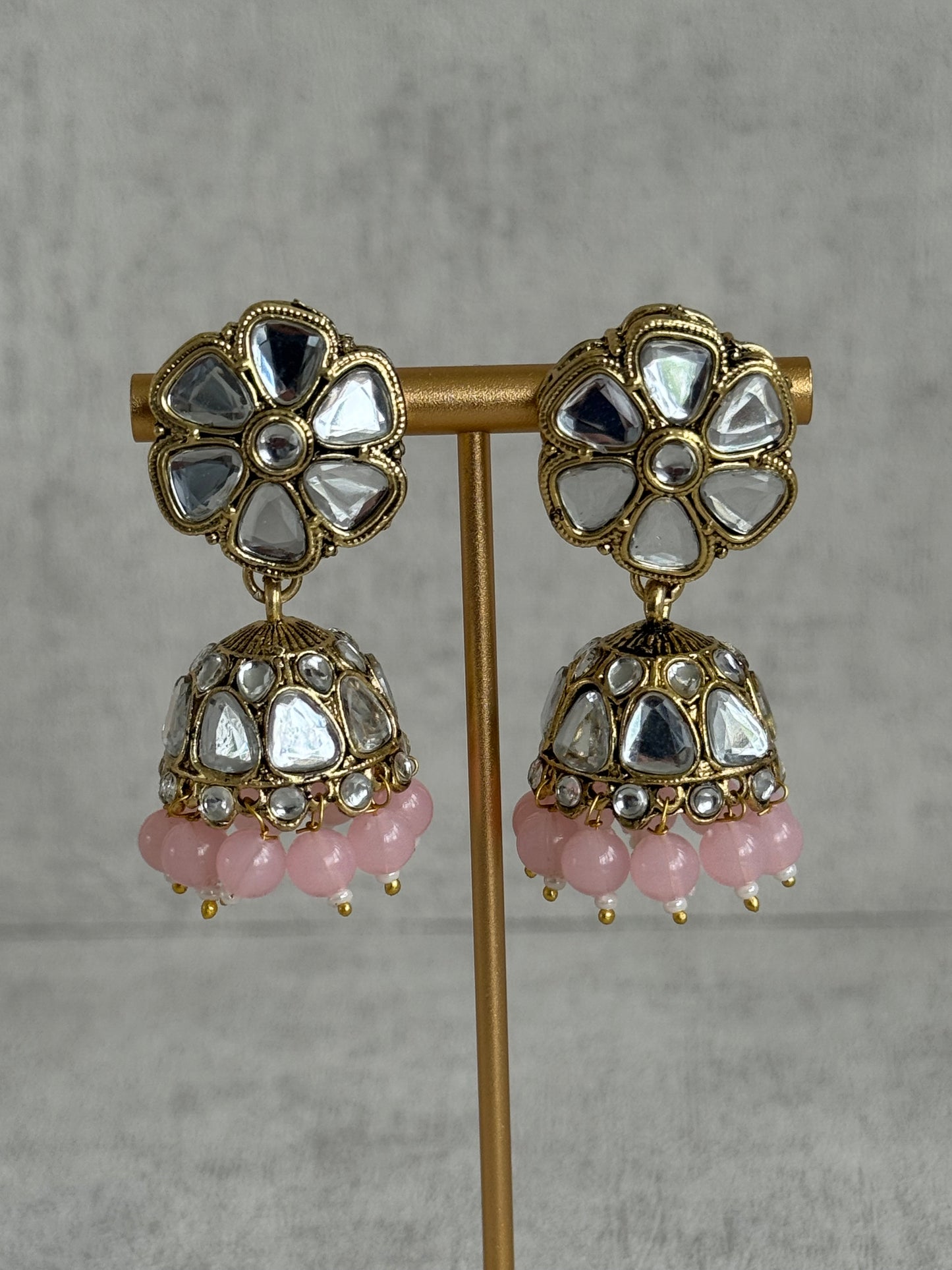 Ayura Designs Mishal Set with Jhumkis & Tikka – Blush Pink Beads & Mirror-Cut Stones