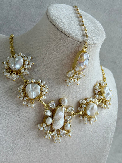 Ayura Designs Niamh Set with Tikka & Earrings - Baroque Pearl, Mother of Pearl & Crystals