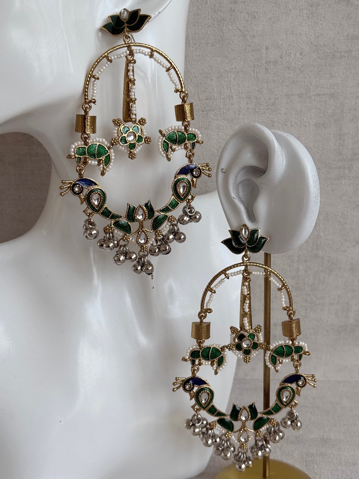 Ayura Designs Zoonpari Earrings – Emerald Green & Blue Meenakari Peacock Chandeliers in Dual Tone with Ghungroos