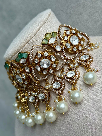 Ayura Designs Serina Choker Set with Earrings – Mint & Pistachio Enamel, Mirror-Cut Stones & Pearl Drops