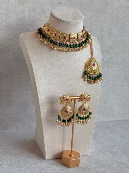 Ayura Designs Chetna Choker Set with Earrings & Tikka – Emerald Green Beads, Cream Pearl Drops with Pipal Patti Detailing