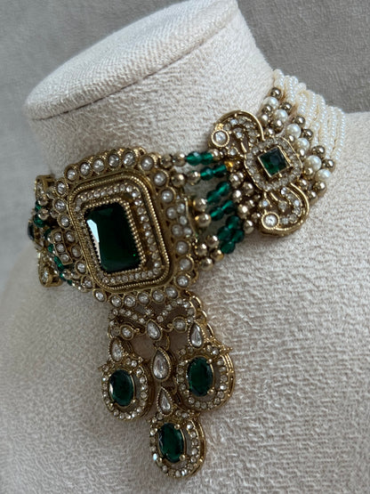 Ayura Designs Nabiha Choker Set with Studs – Emerald Green Stones, Pearl Detailing & Antique Gold Finish