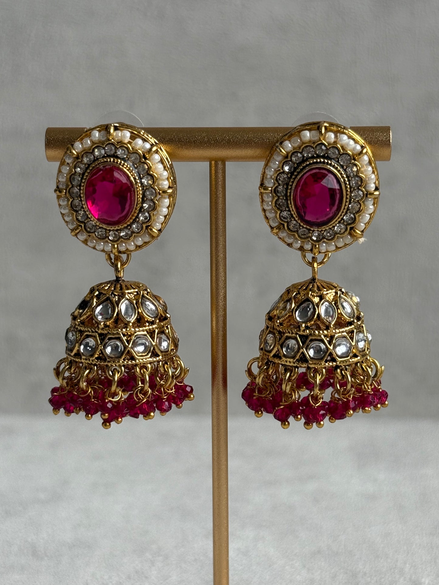 Ayura Designs Muskaan Set – Choker, Jhumkis & Tikka with Fuchsia Beads, Kundan Stones & Antique Gold Finish