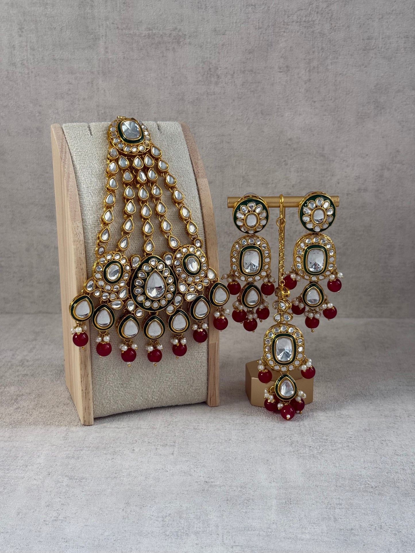 Ayura Designs Jashan Set with Necklace, Earrings, Tikka & Passa – Kundan Detailing, Pearl Drops & Ruby Red Beads