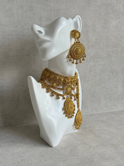 Ayura Designs Subha Choker Set with Earrings & Passa – Antique Gold Engraved Medallions, Layered Chains & Ghungroo Drops