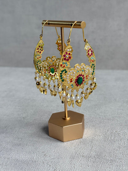 Ayura Designs Nimrat Balis – Emerald Green & Multicolour Stones, Ivory Pearl Beads & Pippal Patti, Gold Finish