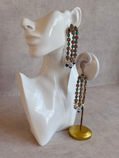 Ayura Designs Emilia Earrings – Gold Triple Strand Statement Earrings with Peacock Blue Stones & Pearl Drops