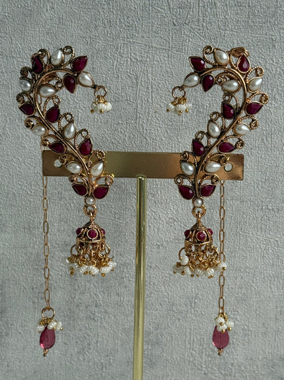 Ayura Designs Mastani Earrings – Gold Ear Climbers with Ruby Stones, Pearls & Jhumki Drops