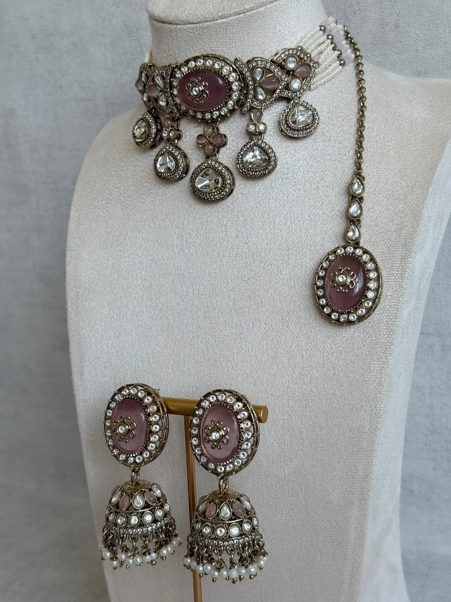 Ayura Designs Myra Choker Set with Earrings & Tikka – Blush Pink Kundan & Pearl Detailing