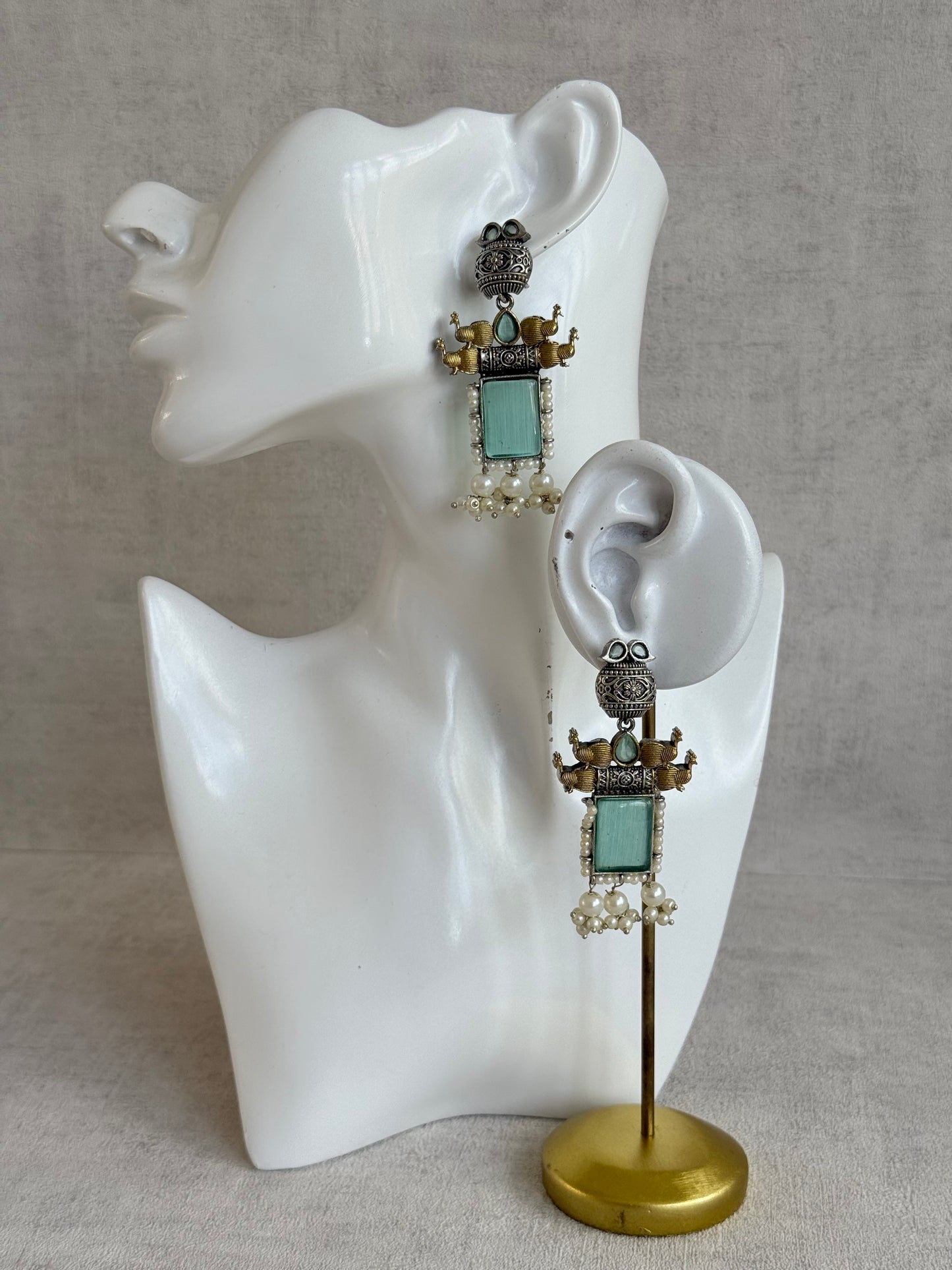 Ayura Designs Khaak Earrings – Oxidised Statement Earrings with Peacock Motifs, Aqua Green Stones & Pearl Clusters