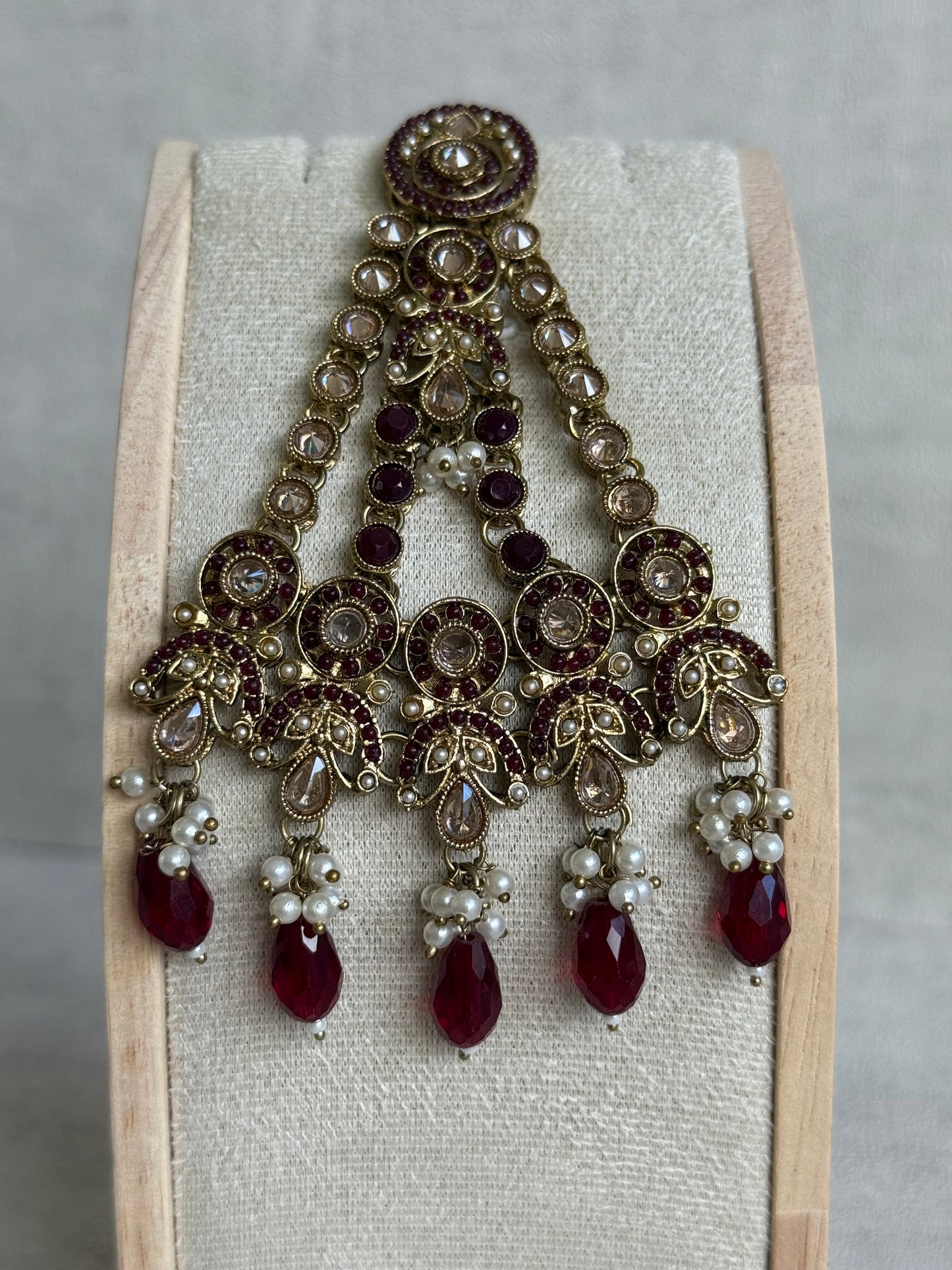 Ayura Designs Almas Tikka Set with Earrings, Tikka & Sahara – Deep Maroon Beads & Antique Gold Finish