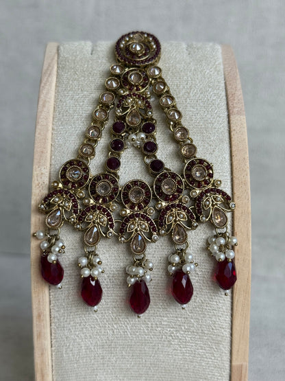 Ayura Designs Almas Tikka Set with Earrings, Tikka & Sahara – Deep Maroon Beads & Antique Gold Finish