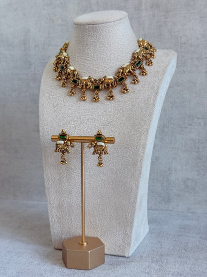 Ayura Designs Ruva Necklace Set with Earrings – Gold Finish, Emerald Green Stones, Ivory Detailing & Elephant Motifs