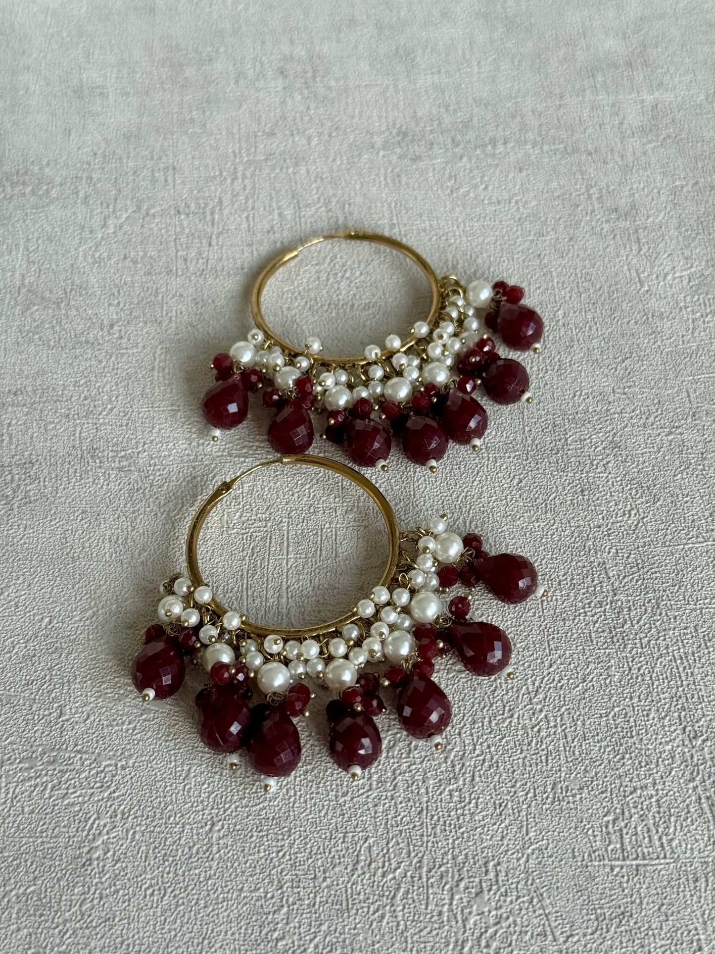 Ayura Designs Jhanak Balis – Pearl Hoops with Wine-Coloured Beads