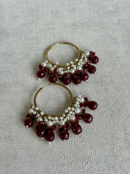 Ayura Designs Jhanak Balis – Pearl Hoops with Wine-Coloured Beads