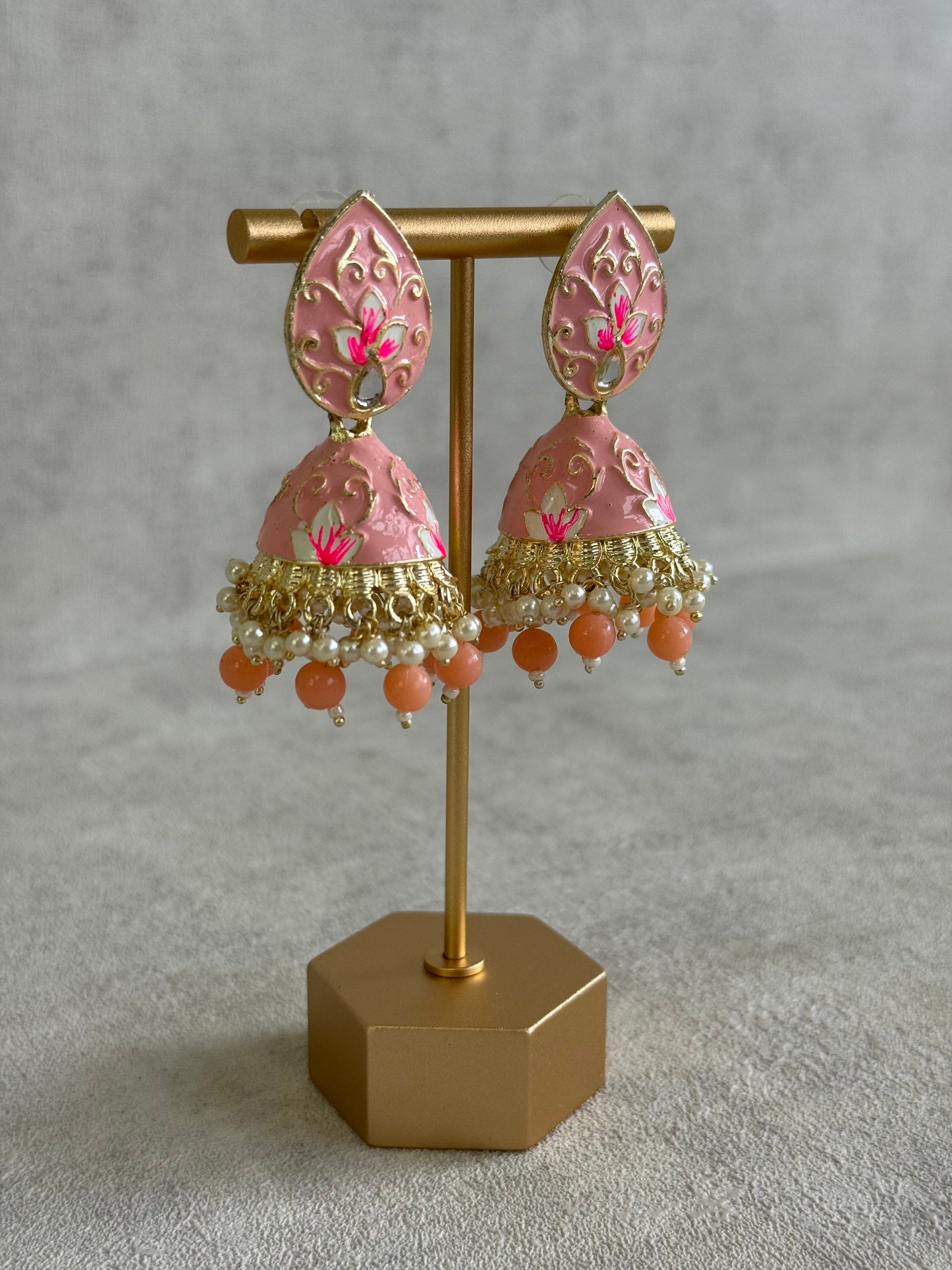 Ayura Designs Gia Jhumkis – Blush Pink Meenakari with Pink Lotus Motifs & Ivory Pearl Drops