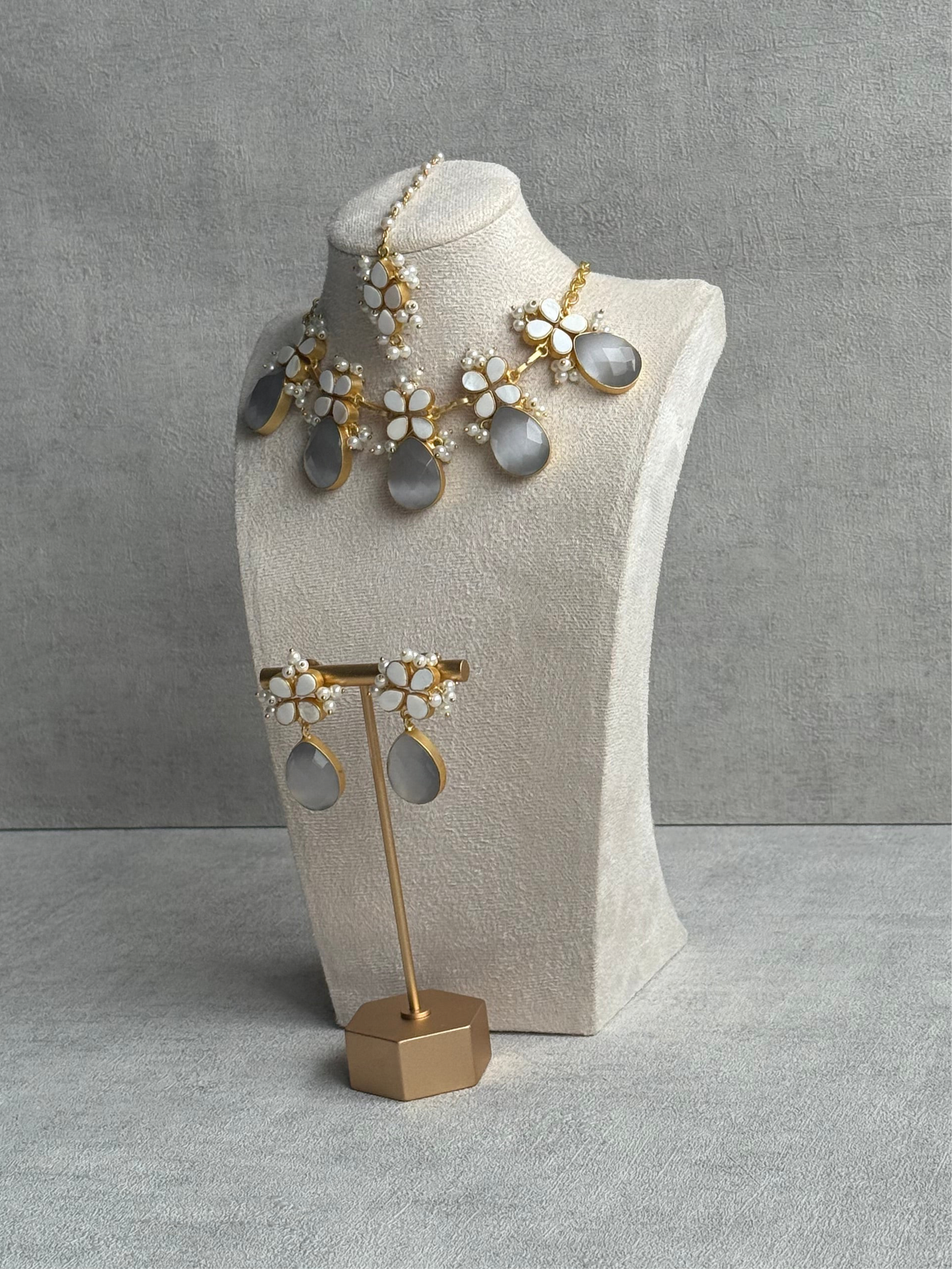 Ayura Designs Arianell Set with Necklace, Earrings & Tikka – Moonstone Grey Drops, Floral Motifs & Pearls