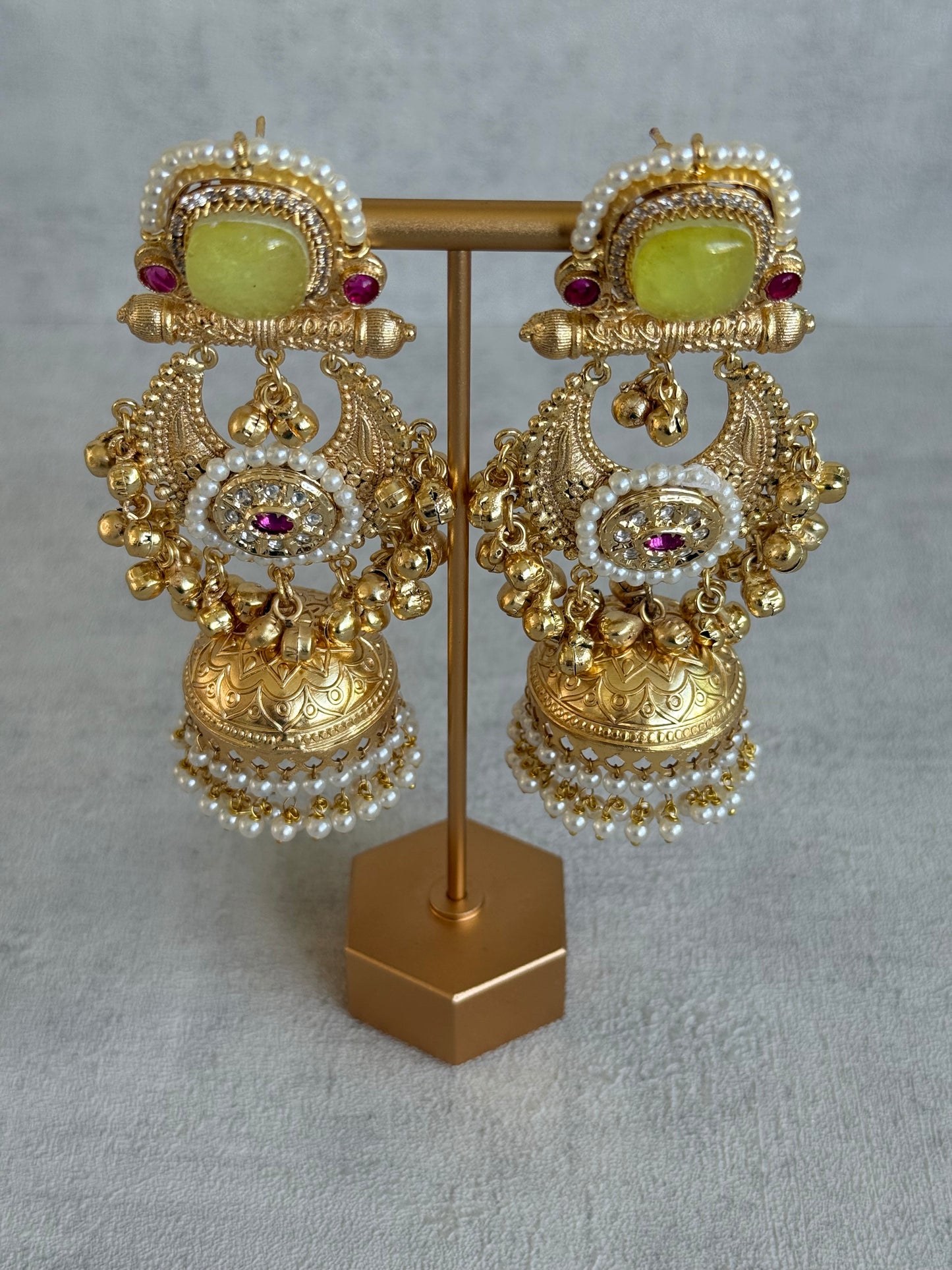 Ayura Designs Mahwish Jhumkis – Lime Yellow Stones, Pearls & Ghungroo Detailing