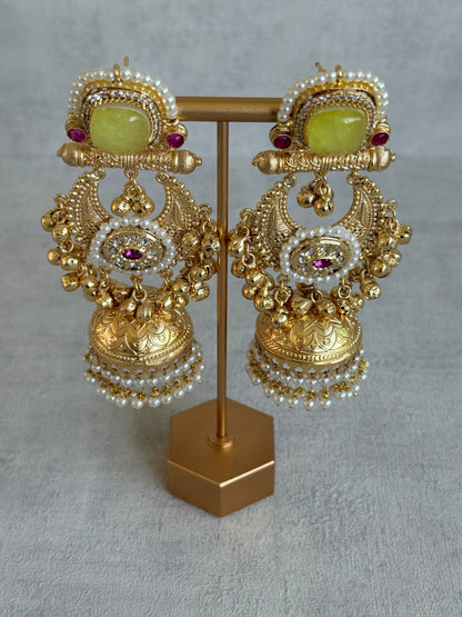 Ayura Designs Mahwish Jhumkis – Lime Yellow Stones, Pearls & Ghungroo Detailing