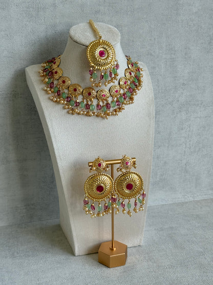 Ayura Designs Jyoti Set with Earrings & Tikka – Gold Disc Necklace with Ruby Pink, Mint Green & Pearl Detailing