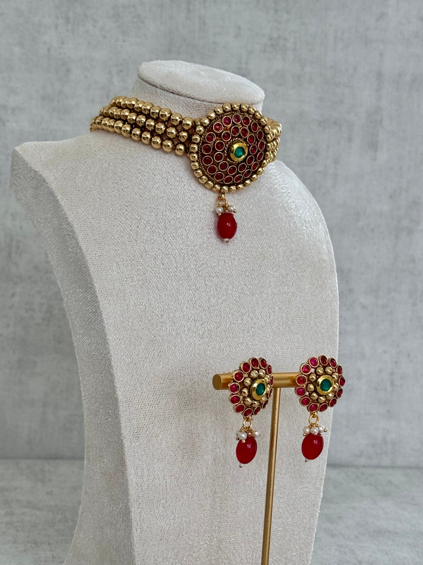 Ayura Designs Ziya Set – Gold, Ruby Red & Emerald Green with Stud Earrings