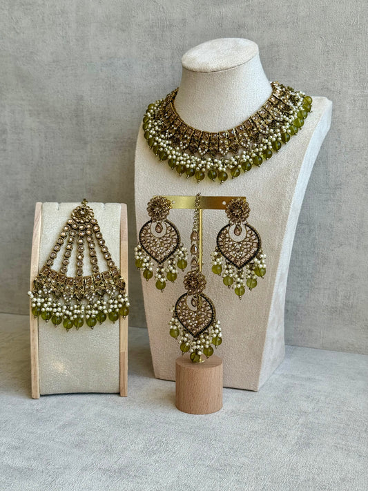 Ayura Designs Sabeen Set with Choker, Jhumkis, Tikka & Jhoomar – Champagne Kundan, Pearl Clusters & Olive Green Beads