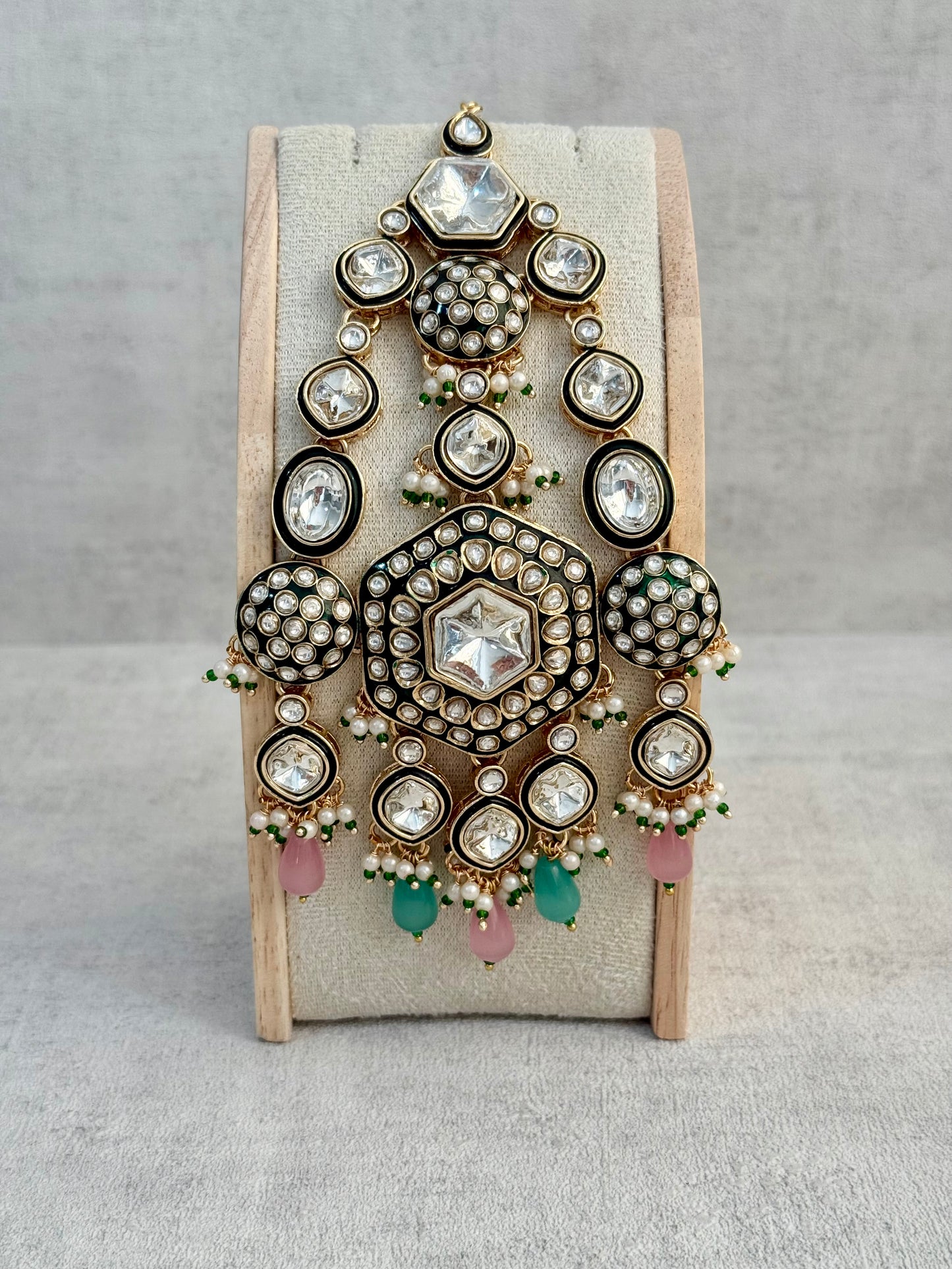 Ayura Designs Visha Jhoomar Passa – Polki Kundan with Blush Pink & Aqua Blue Drops and Pearl Detailing