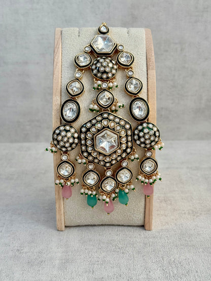 Ayura Designs Visha Jhoomar Passa – Polki Kundan with Blush Pink & Aqua Blue Drops and Pearl Detailing