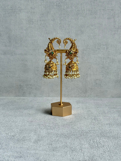 Ayura Designs Anika Jhumkis – Gold Half Ear Cuffs with Peacock Motif, Green Stone Accents, Kundan Crystals & Pearl Jhumka Drops