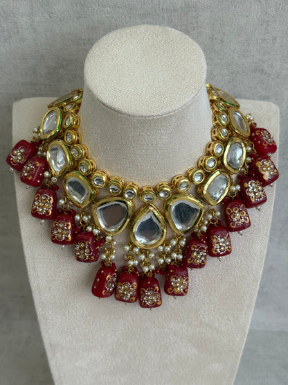 Ayura Designs Omika Set With Necklace And Earrings – Kundan Stones And Ruby Red Meenakari Drops