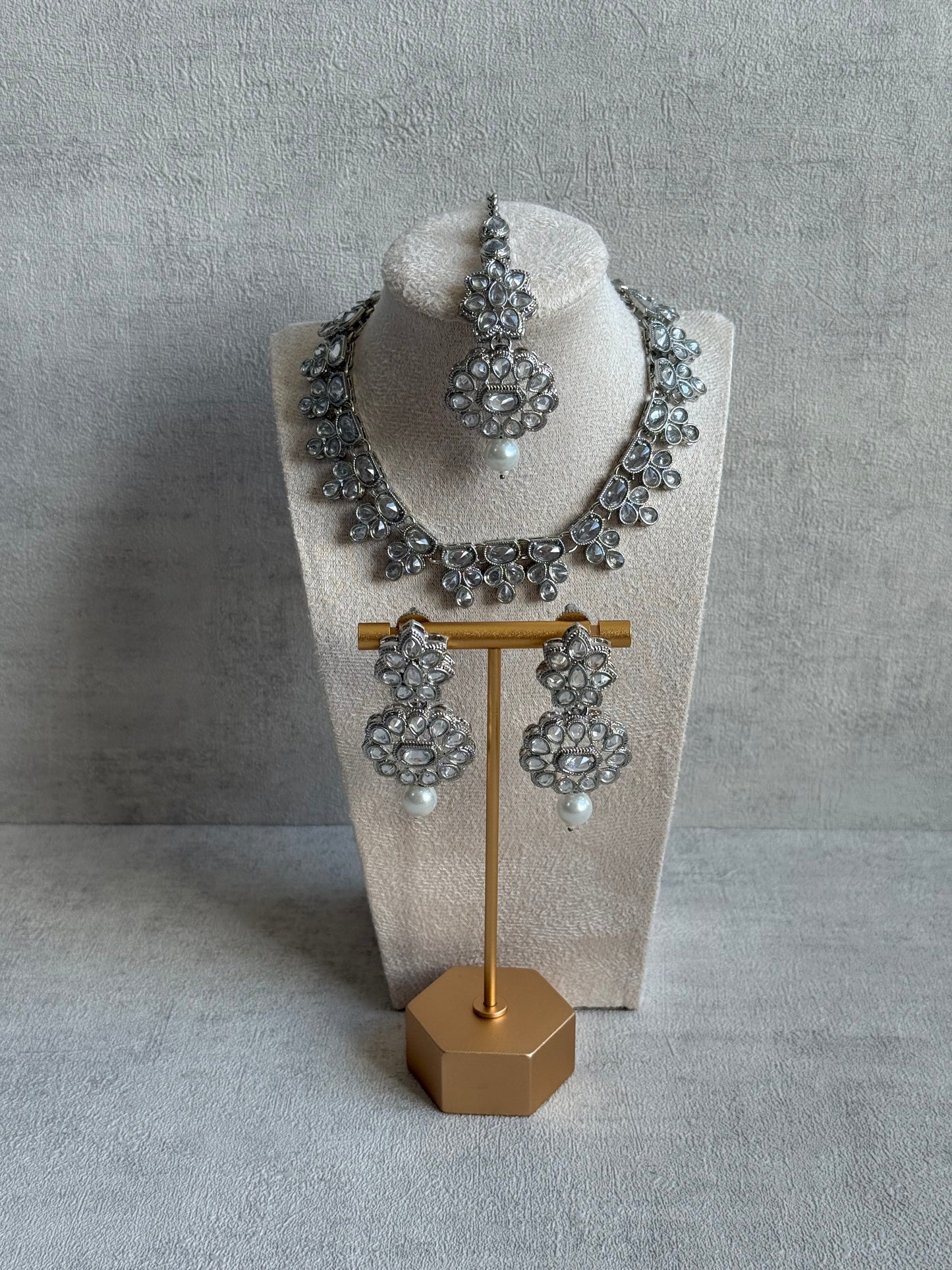Ayura Designs Sumbul Set with Necklace, Earrings & Tikka – Mirror-Cut Stones, Pearl Drops & Silver Finish