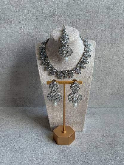 Ayura Designs Sumbul Set with Necklace, Earrings & Tikka – Mirror-Cut Stones, Pearl Drops & Silver Finish